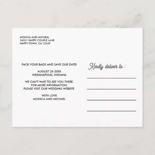 Carte Postale Faire-part INDIANA State Destination Mariage N'IMPORTE QUELLE (Dos)