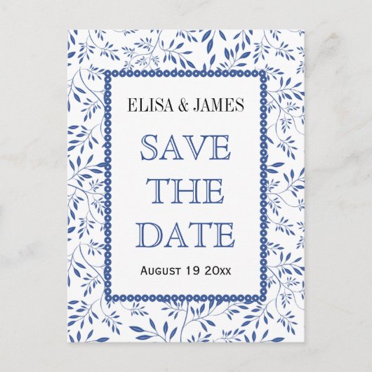 Carte Postale Faire-part Indigo blue mariage motif feuille Enregistrer la d (Devant)