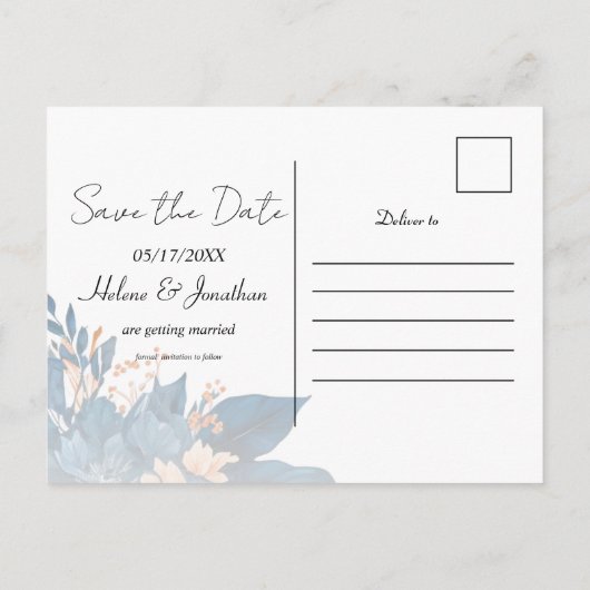 Carte Postale Faire-part Indigo Rouille Moderne Fleurs Mariage Épargnez la (Dos)