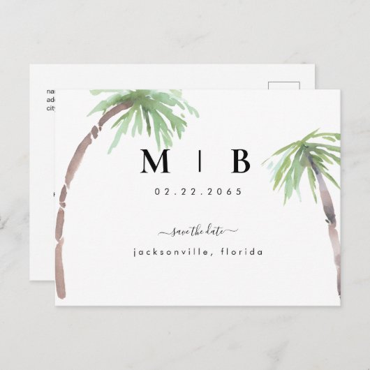 Carte Postale Faire-part Initiales simples Mariage tropical Enregistrer la  (Devant / Derrière)