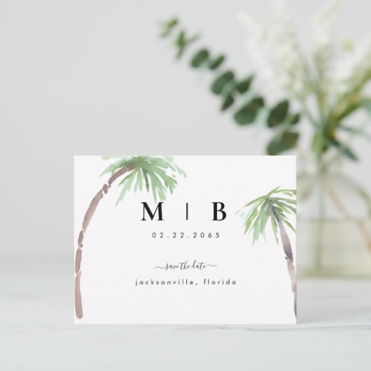 Carte Postale Faire-part Initiales simples Mariage tropical Enregistrer la  (Debout devant)