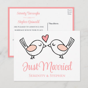 Carte Postale Faire-part Inséparables Amour Rose Oiseaux Mariés Mariage