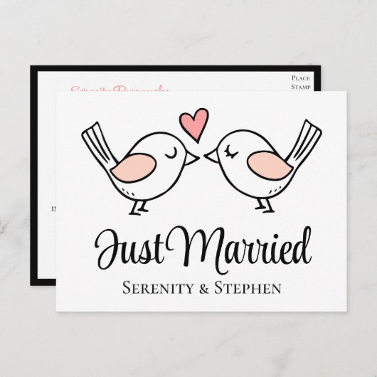 Carte Postale Faire-part Inséparables Mariage Oiseaux d'amour Noir Juste Ma (Devant / Derrière)