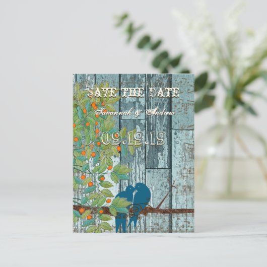 Carte Postale Faire-part Inséparables turquoises assis dans un arbre Enregi (Debout devant)