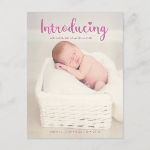 Carte Postale Faire-part Introduire Pink Baby Girl Vertical Photo Script