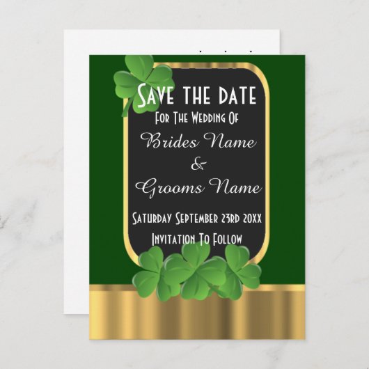 Carte Postale Faire-part Irlandais vert et or enregistrer la date (Devant / Derrière)