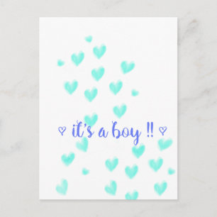 Carte Postale Faire-part IT'S A BOY - Teel & Blue aquarelle coeurs design