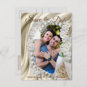 Carte Postale Faire-part Ivoire, vert, soie et perles bleues Enregistrer la (Devant / Derrière)