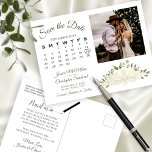 Carte Postale Faire-part Ivory White Floral Photo & Calendrier Enregistrer<br><div class="desc">Ce mariage rustique Save the Date est doté d'un élégant design floral aquarelle avec un bouquet de beaux roses peints à la main et des fleurs dans les tons ivoire, blanc et crème. Le côté gauche de la carte comporte un calendrier personnalisable avec un coeur autour de votre date de...</div>