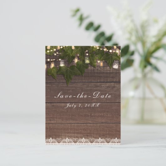 Carte Postale Faire-part Ivy & String Lights Mason Jar Rustic Enregistrer l (Debout devant)