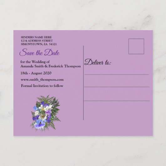 Carte Postale Faire-part Jacaranda Blooms & Lily Bouquet Enregistrer la dat (Dos)
