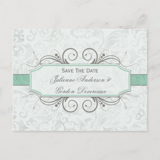 Carte Postale Faire-part Jade grisé et damas gris Save The Date (Devant)