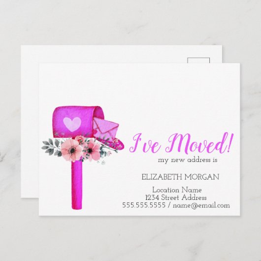 Carte Postale Faire-part J'ai bougé, Aquarelle Mailbox Fleurs cardiaques (Devant / Derrière)