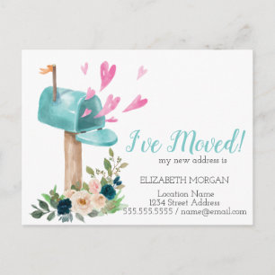 Carte Postale Faire-part J'ai déménagé, aquarelle fleurs boîtes aux lettres