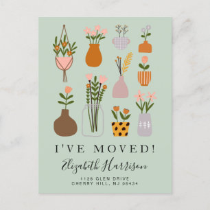 Carte Postale Faire-part J'ai déménagé Plantes Boho Vert Sauge Déménagement