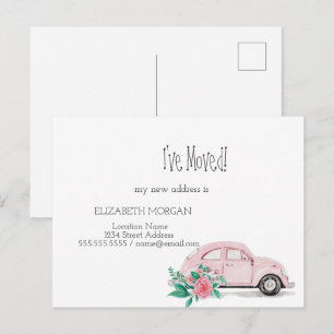 Carte Postale Faire-part J'ai déménagé,Voiture rose aquarelle,Fleurs Nouvel