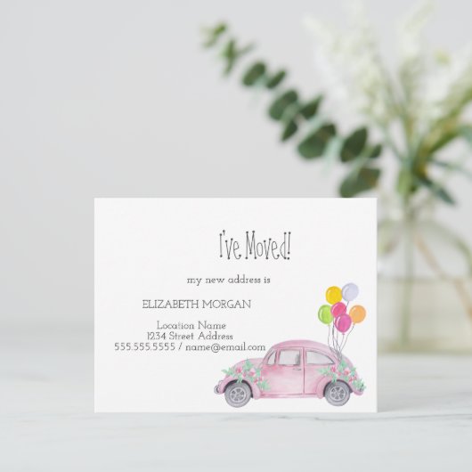 Carte Postale Faire-part J'ai déménagé, Voiture rose Aquarelle, Nouvelle Ad (Debout devant)