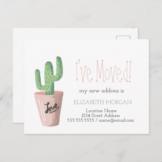 Carte Postale Faire-part J'ai déplacé l'amour de cactus Nouvelle adresse (Devant / Derrière)