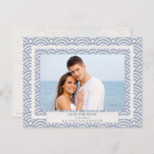 Carte Postale Faire-part Japon Seigaiha Vagues Enregistrer La Date Photogra (Devant / Derrière)