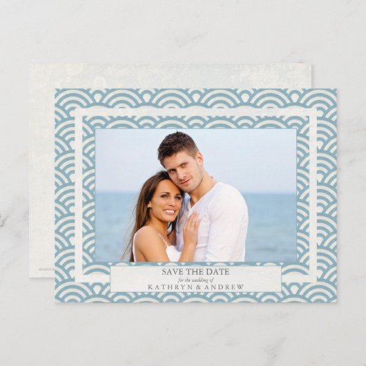 Carte Postale Faire-part Japon Seigaiha Vagues Enregistrer La Date Photogra (Devant / Derrière)