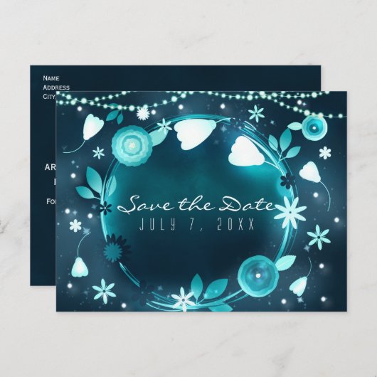 Carte Postale Faire-part Jardin de Nuit de Mariage Fleurs Lumineuses Enregi (Devant / Derrière)