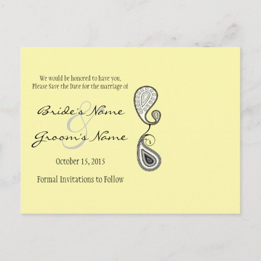 Carte Postale Faire-part Jaune Citron Chartreuse Paisley Photo Enregistrer (Dos)