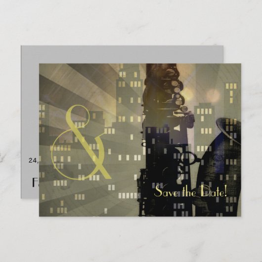 Carte Postale Faire-part Jazz Age Saxophone City Skyline Mariage Set (Devant / Derrière)
