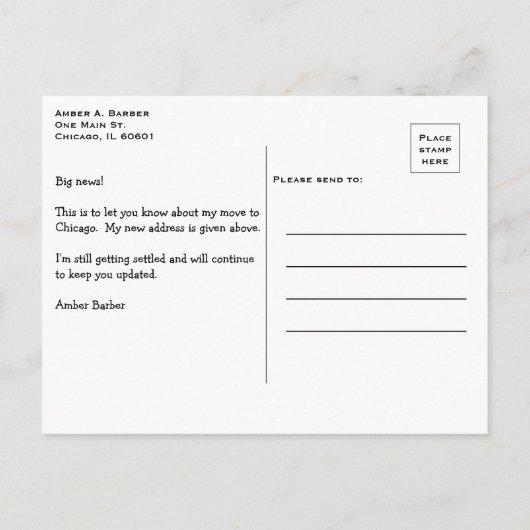 Carte Postale Faire-part Je déménage à Chicago Vos mots et photo (Dos)