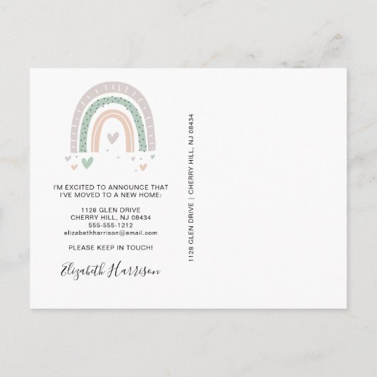 Carte Postale Faire-part Je Déménage Boho Rainbow Sauge en Mouvement (Dos)