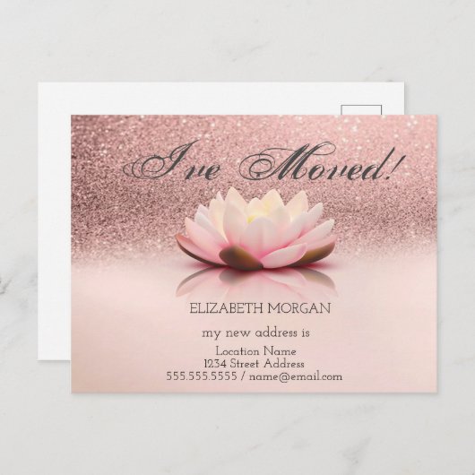 Carte Postale Faire-part Je déménage, fleur de lotus paillettes  Nouvelle a (Devant / Derrière)