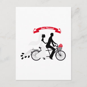 Carte Postale Faire-part Jeune mariée et jeune marié sur un vélo tandem