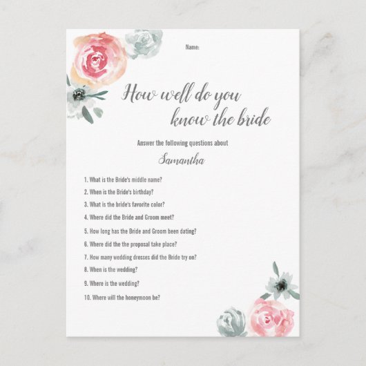 Carte Postale Faire-part Jeux de Baby Shower fleurs aquarelles roses (Devant)