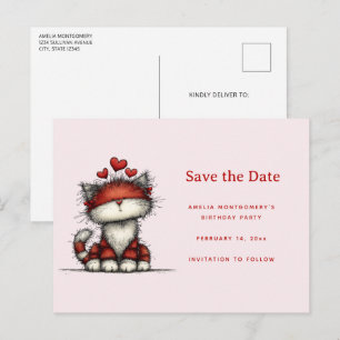 Carte Postale Faire-part Joli Chat avec des Cœurs d'Amour Rouges