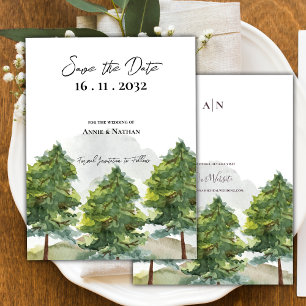 Carte Postale Faire-part Jolie aquarelle Arbres Paysage Monogramme Mariage