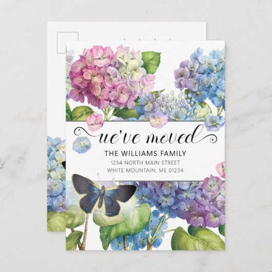Carte Postale Faire-part Jolie Hydrangea Fleur Bleu Rose Papillon Mobile (Devant / Derrière)