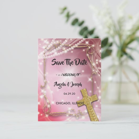 Carte Postale Faire-part Jolie Perle Rose Croix Enregistrer la Date (Debout devant)