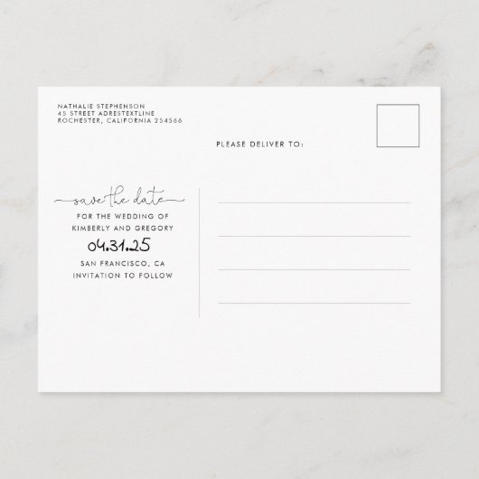 Carte Postale Faire-part Jolie Simple et Minimal Enregistrer la Date Photo (Dos)