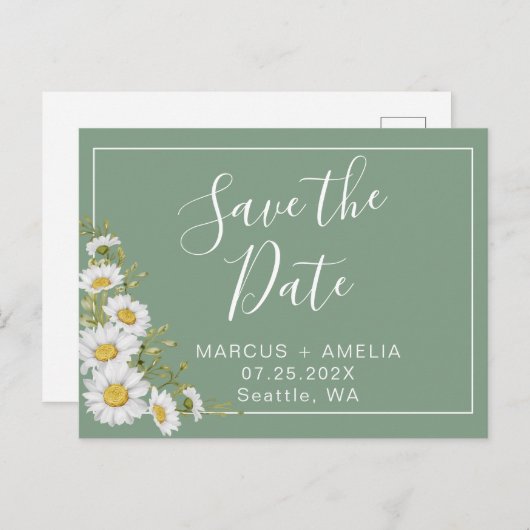 Carte Postale Faire-part Jolies marguerites vert basilic et blanc (Devant / Derrière)