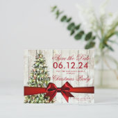 Carte Postale Faire-part Jour férié de Noël | Arbre et ruban rouge (Debout devant)