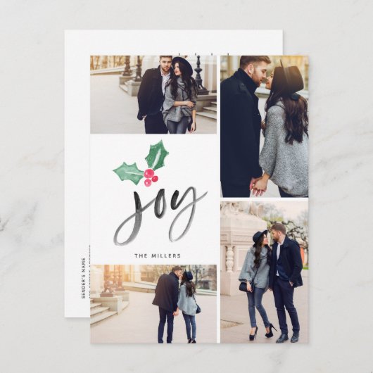 Carte Postale Faire-part Joy Brush Script Holiday | Noël 4 photos (Devant / Derrière)