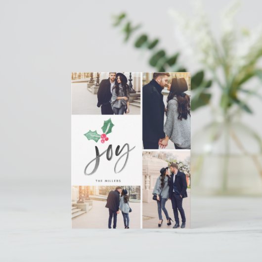 Carte Postale Faire-part Joy Brush Script Holiday | Noël 4 photos (Debout devant)