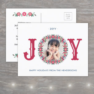 Carte Postale Faire-part Joy Retro Floral Holiday Wreath One Photo Colorée