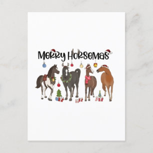 Carte Postale Faire-part Joyeux Horsemas Horse Fleur de Noël Equin
