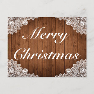 Carte Postale Faire-part Joyeux Noël Bois Rustique & Dentelle Blanche
