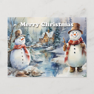 Carte Postale Faire-part Joyeux Noël Bonshommes de neige Cabane en rondins