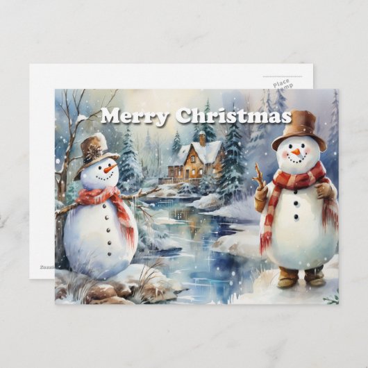 Carte Postale Faire-part Joyeux Noël Snowmen Log Cabine River (Devant / Derrière)