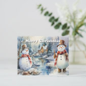 Carte Postale Faire-part Joyeux Noël Snowmen Log Cabine River (Debout devant)
