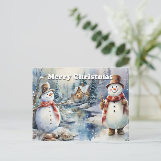 Carte Postale Faire-part Joyeux Noël Snowmen Log Cabine River (Debout devant)