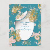 Carte Postale Faire-part Joyeux rose Abstrait, bleu ciel - Fleurs roses (Devant)