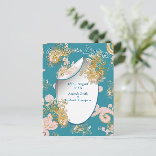 Carte Postale Faire-part Joyeux rose Abstrait, bleu ciel - Fleurs roses (Debout devant)